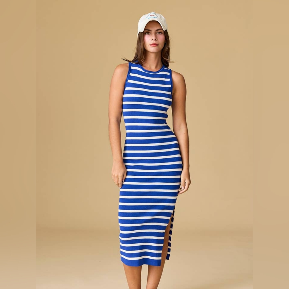 Blue and White Striped Sleeveless Dress